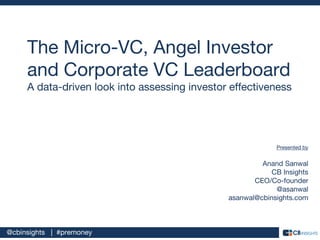 @cbinsights | #premoney
The Micro-VC, Angel Investor
and Corporate VC Leaderboard
A data-driven look into assessing investor effectiveness
Presented by
Anand Sanwal
CB Insights
CEO/Co-founder
@asanwal
asanwal@cbinsights.com
 