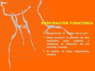 RESPIRACIÓN FONATORIA Respiración    “motor de la voz”. Debe producir la presión de aire necesaria para originar y mantener la vibración de las cuerdas vocales. Al hablar, el ritmo respiratorio cambia. 