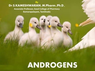 ANDROGENS
By
Dr.S.KAMESHWARAN.,M.Pharm.,Ph.D.,
Associate Professor, Excel College of Pharmacy
Komarapalayam, Tamilnadu
 