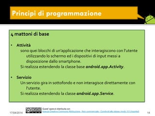 Principi di programmazione
17/04/2014 14
Quest' opera è distribuita con
licenza Creative Commons Attribuzione - Non commerciale - Condividi allo stesso modo 3.0 Unported.
4 mattoni di base
• Attività
sono quei blocchi di un’applicazione che interagiscono con l’utente
utilizzando lo schermo ed i dispositivi di input messi a
disposizione dallo smartphone.
Si realizza estendendo la classe base android.app.Activity.
• Servizio
Un servizio gira in sottofondo e non interagisce direttamente con
l’utente.
Si realizza estendendo la classe android.app.Service.
 