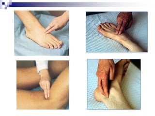 Valoración CardiovascularPalpación: prioridades:Registrar los pulsos arteriales. Evaluar el relleno capilar.Estimar el edema.Observar los signos de tromboflebitis.Evaluar pulsos torácicos y abdominales.