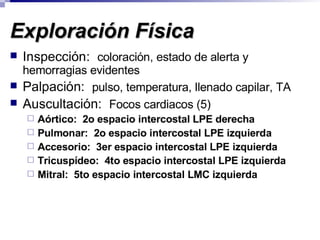 Relação com os focos cardíacosValoración CardiovascularAuscultación:  Cuatro prioridades:Medir la Presión arterial. Explorar los ruidos cardíacos normales.Identificar ruidos cardiacos anormales, soplos y roces pericardios.
