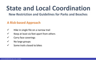 COVID CONVERSATIONS 2020 | APA + PLANRED
State and Local Coordination
New Restriction and Guidelines for Parks and Beaches...