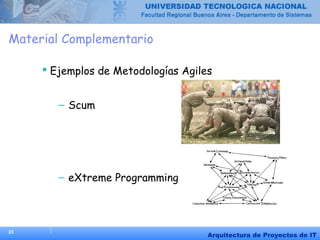 23
Arquitectura de Proyectos de IT
Material Complementario
 Ejemplos de Metodologías Agiles
– Scum
– eXtreme Programming
 