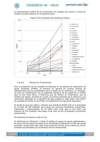 Julio 2012
Actualización del Plan Maestro de Alcantarillado Sanitario y Tratamiento de Aguas Residuales
de Asunción y Área Metropolitana (APM) - Informe Final Preliminar
Capítulo 3
3-17
La representación gráfica de los incrementos de caudales por Cuenca a través del
tiempo se puede observar en la siguiente figura.
Figura 3.10 Incremento de Caudal por Cuenca
3.4.8.2 Plantas de Tratamiento
Para la proyección de los caudales de descarga en las plantas de tratamiento de
aguas residuales (PTARs), se tomaron en general los mismos criterios de
planteamiento que los considerados para el diseño de los colectores, sin embargo,
se tomó en consideración que la capacidad hidráulica de los colectores se diseña
para un año meta futuro, a diferencia que las Plantas de Tratamiento, que se
diseñan por etapas, teniendo en cuenta, el aumento planeado de la cobertura y las
variaciones esperadas en la demanda de agua potable en cada etapa. Para definir
los caudales de diseño en las PTARs, se establecieron los siguientes supuestos:
El caudal de agua per cápita o dotación que distribuye ESSAP está en la actualidad
en el orden de 190 l/hab/día, que incluye los consumos domésticos, comerciales,
industriales e institucionales. Se ha fijado como meta para el año 2042, una
dotación de 270 l/hab/día. Para llegar a ese valor se han considerado incrementos
quinquenales.
El coeficiente de retorno se fijó en 0.8.
El coeficiente de infiltración e influjo I/I debido al ingreso de aguas subterráneas y
de escorrentía de aguas pluviales se ha considerado inicialmente en 63% del caudal
promedio, aunque este valor está varias veces por encima de los valores de I/I por
hectárea recomendados por la literatura técnica internacional.
0
500
1,000
1,500
2,000
2,500
2012 2022 2032 2042
Caudales
Años
BELLA VISTA
ITAY (Parcial)
Abay
Aviadores
ITAY Total
VARADERO
LA GERENZA
SAN ANTONIO
GRAU
ALFEREZ SILVA
GAMARRA
SAJONIA
MALLORQUIN
ANTEQUERA
TACUMBU
UNIVERSIDADCATOLICA
ITA ENRAMADA
LAMBARE
SAN LORENZO
LUQUE
MARIANO ROQUE A
LAMBARÉ SUR (Villa Elisa)
ARROYO SECO
 