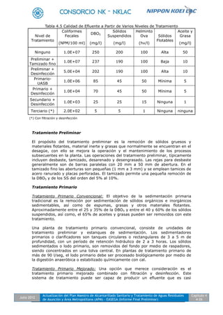 Julio 2012
Actualización del Plan Maestro de Alcantarillado Sanitario y Tratamiento de Aguas Residuales
de Asunción y Área Metropolitana (APM) - EASEGA (Informe Final Preliminar)
Capítulo 4
4-26
Tabla 4.5 Calidad de Efluente a Partir de Varios Niveles de Tratamiento
Nivel de
Tratamiento
Coliformes
Fecales
DBO5
Sólidos
Suspendidos
Helminto
Ova Sólidos
Flotables
Aceite y
Grasa
(NPM/100 ml) (mg/l) (mg/l) (hv/l) (mg/l)
Ninguno 1.0E+07 250 200 100 Alta 50
Preliminar +
Tamizado fino
1.0E+07 237 190 100 Baja 10
Preliminar +
Desinfección
5.0E+04 202 190 100 Alta 10
Primario-
UASB
1.0E+06 85 45 50 Mínima 5
Primario +
Desinfección
1.0E+04 70 45 50 Mínima 5
Secundario +
Desinfección
1.0E+03 25 25 15 Ninguna 1
Terciario (*) 2.0E+02 5 5 1 Ninguna ninguna
(*) Con filtración y desinfección
Tratamiento Preliminar
El propósito del tratamiento preliminar es la remoción de sólidos gruesos y
materiales flotantes, material inerte y grasas que normalmente se encuentran en el
desagüe, con ello se mejora la operación y el mantenimiento de los procesos
subsecuentes en la planta. Las operaciones del tratamiento preliminar, típicamente
incluyen desbaste, tamizado, desarenado y desengrasado. Las rejas para desbaste
generalmente son de barras paralelas con 20 mm a 50 mm de abertura. En el
tamizado fino las aberturas son pequeñas (1 mm a 3 mm) y se emplean tamices de
acero ranurado y placas perforadas. El tamizado permite una pequeña remoción de
la DBO5 y de los SS del orden del 5% al 10%.
Tratamiento Primario
Tratamiento Primario Convencional: El objetivo de la sedimentación primaria
tradicional es la remoción por sedimentación de sólidos orgánicos e inorgánicos
sedimentables, así como de espumas, grasas y otros materiales flotantes.
Aproximadamente entre el 25 y 35% de la DBO5 y entre el 40 y 60% de los sólidos
suspendidos, así como, el 65% de aceites y grasas pueden ser removidos con este
tratamiento.
Una planta de tratamiento primario convencional, consiste de unidades de
tratamiento preliminar y estanques de sedimentación. Los sedimentadores
primarios o clarificadores son tanques circulares o rectangulares de 3 a 5 m de
profundidad, con un período de retención hidráulico de 2 a 3 horas. Los sólidos
sedimentados o lodo primario, son removidos del fondo por medio de raspadores,
siendo concentrados en una tolva central. En plantas de tratamiento primario de
más de 90 l/seg, el lodo primario debe ser procesado biológicamente por medio de
la digestión anaeróbica o estabilizado químicamente con cal.
Tratamiento Primario Mejorado: Una opción que merece consideración es el
tratamiento primario mejorado combinado con filtración y desinfección. Este
sistema de tratamiento puede ser capaz de producir un efluente que es casi
 