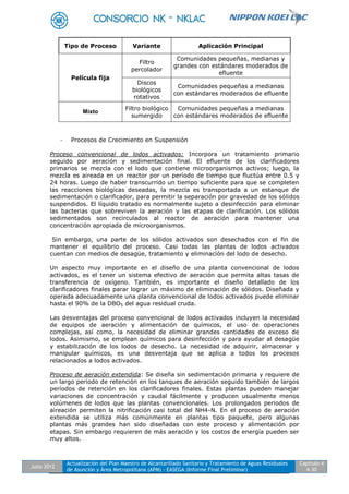 Julio 2012
Actualización del Plan Maestro de Alcantarillado Sanitario y Tratamiento de Aguas Residuales
de Asunción y Área Metropolitana (APM) - EASEGA (Informe Final Preliminar)
Capítulo 4
4-30
Tipo de Proceso Variante Aplicación Principal
Película fija
Filtro
percolador
Comunidades pequeñas, medianas y
grandes con estándares moderados de
efluente
Discos
biológicos
rotativos
Comunidades pequeñas a medianas
con estándares moderados de efluente
Mixto
Filtro biológico
sumergido
Comunidades pequeñas a medianas
con estándares moderados de efluente
- Procesos de Crecimiento en Suspensión
Proceso convencional de lodos activados: Incorpora un tratamiento primario
seguido por aeración y sedimentación final. El efluente de los clarificadores
primarios se mezcla con el lodo que contiene microorganismos activos; luego, la
mezcla es aireada en un reactor por un período de tiempo que fluctúa entre 0.5 y
24 horas. Luego de haber transcurrido un tiempo suficiente para que se completen
las reacciones biológicas deseadas, la mezcla es transportada a un estanque de
sedimentación o clarificador, para permitir la separación por gravedad de los sólidos
suspendidos. El líquido tratado es normalmente sujeto a desinfección para eliminar
las bacterias que sobreviven la aeración y las etapas de clarificación. Los sólidos
sedimentados son recirculados al reactor de aeración para mantener una
concentración apropiada de microorganismos.
Sin embargo, una parte de los sólidos activados son desechados con el fin de
mantener el equilibrio del proceso. Casi todas las plantas de lodos activados
cuentan con medios de desagüe, tratamiento y eliminación del lodo de desecho.
Un aspecto muy importante en el diseño de una planta convencional de lodos
activados, es el tener un sistema efectivo de aeración que permita altas tasas de
transferencia de oxígeno. También, es importante el diseño detallado de los
clarificadores finales parar lograr un máximo de eliminación de sólidos. Diseñada y
operada adecuadamente una planta convencional de lodos activados puede eliminar
hasta el 90% de la DBO5 del agua residual cruda.
Las desventajas del proceso convencional de lodos activados incluyen la necesidad
de equipos de aeración y alimentación de químicos, el uso de operaciones
complejas, así como, la necesidad de eliminar grandes cantidades de exceso de
lodos. Asimismo, se emplean químicos para desinfección y para ayudar al desagüe
y estabilización de los lodos de desecho. La necesidad de adquirir, almacenar y
manipular químicos, es una desventaja que se aplica a todos los procesos
relacionados a lodos activados.
Proceso de aeración extendida: Se diseña sin sedimentación primaria y requiere de
un largo período de retención en los tanques de aeración seguido también de largos
períodos de retención en los clarificadores finales. Estas plantas pueden manejar
variaciones de concentración y caudal fácilmente y producen usualmente menos
volúmenes de lodos que las plantas convencionales. Los prolongados periodos de
aireación permiten la nitrificación casi total del NH4-N. En el proceso de aeración
extendida se utiliza más comúnmente en plantas tipo paquete, pero algunas
plantas más grandes han sido diseñadas con este proceso y alimentación por
etapas. Sin embargo requieren de más aeración y los costos de energía pueden ser
muy altos.
 