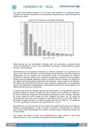 Julio 2012
Actualización del Plan Maestro de Alcantarillado Sanitario y Tratamiento de Aguas Residuales
de Asunción y Área Metropolitana (APM) - EASEGA (Informe Final Preliminar)
Capítulo 4
4-46
Las rejas finas pueden producir 5 a 15 veces esta cantidad. La siguiente Figura
muestra el volumen promedio de los tamizados producidos por varios tamaños de
aberturas de rejas.
Figura 4.14 Producción de Sólidos Tamizados
0
0.05
0.1
0.15
VolumenProducido(l/m3)
1 7 13 19 25 32 38 44 51 57 63
Apertura del Tamiz (mm)
Debe notarse que las cantidades indicadas sólo son promedios y pueden darse
muchas variaciones en base a las velocidades de caudal, características del agua
servida y otros factores.
Normalmente los tamizados se desechan en rellenos sanitarios o se incineran en el
lugar. En el caso de Asunción, el área limitada de las plantas y los altos costos de
construcción de los equipos de incineración hacen la eliminación en rellenos
sanitarios la elección obvia. No se requiere tratamiento especial de los tamizados,
aunque sea aconsejable añadirles cal para controlar olores y moscas. En lugares en
que deben generarse grandes volúmenes de tamizado, como lo hacen, por ejemplo,
las plantas de tratamiento preliminar para emisarios subfluviales, se recomienda
que los tamizados sean desaguados y compactados antes de ser transportados a un
relleno sanitario para su eliminación.
La producción de arena depende del tipo de desarenador y la cantidad de arena en
el agua residual. La arena consistirá en polvo, grava y otros sólidos no orgánicos,
así como elementos orgánicos mínimamente putrescibles como semillas, cáscaras
de fruta, granos de café, molido de café, cáscaras de huevo, etc. El rango de
producción de arena de varios equipos es de 0.004 a 0.037 m3
por cada 1000 m3
de caudal de agua servida. A un valor promedio de 0.02 m3
/1000 m3
, un caudal de
1.0 m3
/s. produciría un volumen de arena diario de 1.73 m3
.
Normalmente, la arena se elimina de la cámara de colección de arena por medio de
bombas o transportadores. Luego, la arena es lavada y concentrada. Se anticipa
que la arena será transportada a un relleno sanitario para su deposición junto con
los tamizados.
Una opción de diseño es usar una combinación de rejas medias y muy finas
(aberturas de 0.5 mm) y eliminar los equipos de desarenadores.
 