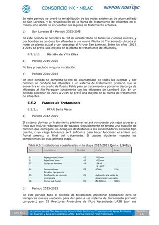 Julio 2012
Actualización del Plan Maestro de Alcantarillado Sanitario y Tratamiento de Aguas Residuales
de Asunción y Área Metropolitana (APM) - EASEGA (Informe Final Preliminar)
Capítulo 6
6-17
En este periodo se prevé la rehabilitación de las redes existentes de alcantarillado
de San Lorenzo, y la rehabilitación de la Planta de Tratamiento de efluentes en el
mismo sitio donde se encuentran las lagunas de tratamiento actuales.
b) San Lorenzo II - Periodo 2025-2045
En este periodo se completa la red de alcantarillado de todas las cuencas nuevas, y
por bombeo se conduce los efluentes a una nueva Planta de Tratamiento ubicada al
norte de planta actual y con descarga al Arroyo San Lorenzo. Entre los años 2035
a 2045 se prevé una mejora en la planta de tratamiento de efluentes.
6.5.1.11 Distrito de Villa Elisa
a) Periodo 2015-2025
No hay proyectado ninguna instalación.
b) Periodo 2025-2035
En este periodo se completa la red de alcantarillado de todas las cuencas y por
bombeo se conduce los efluentes a un sistema de tratamiento primario que se
encuentra en un predio de Puerto Pabla para su tratamiento y posterior descarga de
efluentes al Río Paraguay juntamente con los efluentes de Lambaré Sur. En un
periodo posterior de 2035 a 2045 se prevé una mejora en la planta de tratamiento
de efluentes.
6.5.2 Plantas de Tratamiento
6.5.2.1 PTAR Bella Vista
a) Periodo 2012-2025
El sistema plantea un tratamiento preliminar estará compuesta por rejas gruesas y
finas que incluye redundancia de equipos. Seguidamente se tendrá una estación de
bombeo que entregará los desagües desbastados a los desarenadores aireados tipo
puente, cuya carga hidráulica será suficiente para hacer funcionar el emisor sub
fluvial previsto al final del tratamiento. El cuadro siguiente muestra los
componentes de esta primera etapa.
Tabla 6.6 Instalaciones consideradas en la etapa 2012-2025 Qmh= 1,941l/s
b) Periodo 2025-2035
En este periodo todo el sistema de tratamiento preliminar permanece pero se
incorporan nuevas unidades para dar paso a un sistema de tratamiento primario
compuesto por 28 Reactores Anaerobios de Flujo Ascendente UASB (por sus
Item Instalaciones Cantidad Ancho Largo
01 Rejas gruesas 20mm 02 2000mm
02 Rejas finas 3mm 02 2000mm
03 Equipo de bombeo 03 254 HP
19.1 HDT
04 Desarenadores
Aireados tipo puente
03 4.50m 32m
05 Dosificación de cloro de
emergencia
01 Aplicación a la salida de
desarenadores aireados
06 Emisor sub fluvial 01 Ø2,000mm 900m
 