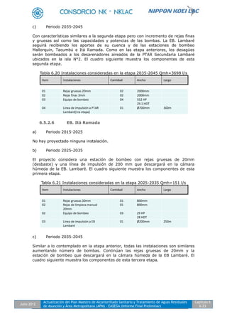 Julio 2012
Actualización del Plan Maestro de Alcantarillado Sanitario y Tratamiento de Aguas Residuales
de Asunción y Área Metropolitana (APM) - EASEGA (Informe Final Preliminar)
Capítulo 6
6-23
c) Periodo 2035-2045
Con características similares a la segunda etapa pero con incremento de rejas finas
y gruesas así como las capacidades y potencias de las bombas. La EB. Lambaré
seguirá recibiendo los aportes de su cuenca y de las estaciones de bombeo
Mallorquín, Tacumbú e Itá Ramada. Como en las etapa anteriores, los desagües
serán bombeados a los desarenadores aireados de la PTAR Secundaria Lambaré
ubicados en la isla N°2. El cuadro siguiente muestra los componentes de esta
segunda etapa.
Tabla 6.20 Instalaciones consideradas en la etapa 2035-2045 Qmh=3698 l/s
6.5.2.6 EB. Itá Ramada
a) Periodo 2015-2025
No hay proyectado ninguna instalación.
b) Periodo 2025-2035
El proyecto considera una estación de bombeo con rejas gruesas de 20mm
(desbaste) y una línea de impulsión de 200 mm que descargará en la cámara
húmeda de la EB. Lambaré. El cuadro siguiente muestra los componentes de esta
primera etapa.
Tabla 6.21 Instalaciones consideradas en la etapa 2025-2035 Qmh=151 l/s
c) Periodo 2035-2045
Similar a lo contemplado en la etapa anterior, todas las instalaciones son similares
aumentando número de bombas. Continúan las rejas gruesas de 20mm y la
estación de bombeo que descargará en la cámara húmeda de la EB Lambaré. El
cuadro siguiente muestra los componentes de esta tercera etapa.
Item Instalaciones Cantidad Ancho Largo
01 Rejas gruesas 20mm 02 2000mm
02 Rejas finas 3mm 02 2000mm
03 Equipo de bombeo 04 552 HP
29.1 HDT
04 Línea de impulsión a PTAR
Lambaré(1ra etapa)
01 Ø700mm 300m
Item Instalaciones Cantidad Ancho Largo
01
02
Rejas gruesas 20mm
Rejas de limpieza manual
20mm
01
01
800mm
800mm
02 Equipo de bombeo 03 29 HP
28 HDT
03 Línea de impulsión a EB
Lambaré
01 Ø200mm 250m
 