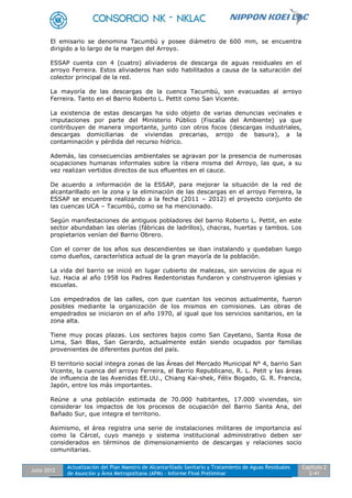 Julio 2012
Actualización del Plan Maestro de Alcantarillado Sanitario y Tratamiento de Aguas Residuales
de Asunción y Área Metropolitana (APM) - Informe Final Preliminar
Capítulo 2
2-41
El emisario se denomina Tacumbú y posee diámetro de 600 mm, se encuentra
dirigido a lo largo de la margen del Arroyo.
ESSAP cuenta con 4 (cuatro) aliviaderos de descarga de aguas residuales en el
arroyo Ferreira. Estos aliviaderos han sido habilitados a causa de la saturación del
colector principal de la red.
La mayoría de las descargas de la cuenca Tacumbú, son evacuadas al arroyo
Ferreira. Tanto en el Barrio Roberto L. Pettit como San Vicente.
La existencia de estas descargas ha sido objeto de varias denuncias vecinales e
imputaciones por parte del Ministerio Público (Fiscalía del Ambiente) ya que
contribuyen de manera importante, junto con otros focos (descargas industriales,
descargas domiciliarias de viviendas precarias, arrojo de basura), a la
contaminación y pérdida del recurso hídrico.
Además, las consecuencias ambientales se agravan por la presencia de numerosas
ocupaciones humanas informales sobre la ribera misma del Arroyo, las que, a su
vez realizan vertidos directos de sus efluentes en el cauce.
De acuerdo a información de la ESSAP, para mejorar la situación de la red de
alcantarillado en la zona y la eliminación de las descargas en el arroyo Ferreira, la
ESSAP se encuentra realizando a la fecha (2011 – 2012) el proyecto conjunto de
las cuencas UCA – Tacumbú, como se ha mencionado.
Según manifestaciones de antiguos pobladores del barrio Roberto L. Pettit, en este
sector abundaban las olerías (fábricas de ladrillos), chacras, huertas y tambos. Los
propietarios venían del Barrio Obrero.
Con el correr de los años sus descendientes se iban instalando y quedaban luego
como dueños, característica actual de la gran mayoría de la población.
La vida del barrio se inició en lugar cubierto de malezas, sin servicios de agua ni
luz. Hacia al año 1958 los Padres Redentoristas fundaron y construyeron iglesias y
escuelas.
Los empedrados de las calles, con que cuentan los vecinos actualmente, fueron
posibles mediante la organización de los mismos en comisiones. Las obras de
empedrados se iniciaron en el año 1970, al igual que los servicios sanitarios, en la
zona alta.
Tiene muy pocas plazas. Los sectores bajos como San Cayetano, Santa Rosa de
Lima, San Blas, San Gerardo, actualmente están siendo ocupados por familias
provenientes de diferentes puntos del país.
El territorio social integra zonas de las Áreas del Mercado Municipal N° 4, barrio San
Vicente, la cuenca del arroyo Ferreira, el Barrio Republicano, R. L. Petit y las áreas
de influencia de las Avenidas EE.UU., Chiang Kai-shek, Félix Bogado, G. R. Francia,
Japón, entre los más importantes.
Reúne a una población estimada de 70.000 habitantes, 17.000 viviendas, sin
considerar los impactos de los procesos de ocupación del Barrio Santa Ana, del
Bañado Sur, que integra el territorio.
Asimismo, el área registra una serie de instalaciones militares de importancia así
como la Cárcel, cuyo manejo y sistema institucional administrativo deben ser
considerados en términos de dimensionamiento de descargas y relaciones socio
comunitarias.
 