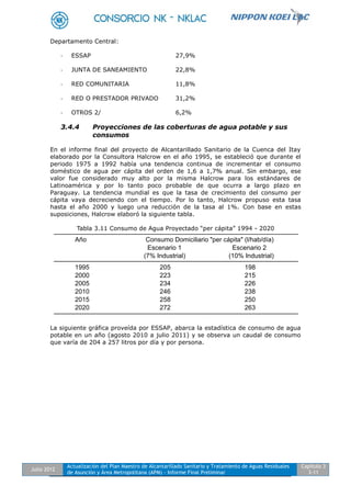 Julio 2012
Actualización del Plan Maestro de Alcantarillado Sanitario y Tratamiento de Aguas Residuales
de Asunción y Área Metropolitana (APM) - Informe Final Preliminar
Capítulo 3
3-11
Departamento Central:
- ESSAP 27,9%
- JUNTA DE SANEAMIENTO 22,8%
- RED COMUNITARIA 11,8%
- RED O PRESTADOR PRIVADO 31,2%
- OTROS 2/ 6,2%
3.4.4 Proyecciones de las coberturas de agua potable y sus
consumos
En el informe final del proyecto de Alcantarillado Sanitario de la Cuenca del Itay
elaborado por la Consultora Halcrow en el año 1995, se estableció que durante el
periodo 1975 a 1992 había una tendencia continua de incrementar el consumo
doméstico de agua per cápita del orden de 1,6 a 1,7% anual. Sin embargo, ese
valor fue considerado muy alto por la misma Halcrow para los estándares de
Latinoamérica y por lo tanto poco probable de que ocurra a largo plazo en
Paraguay. La tendencia mundial es que la tasa de crecimiento del consumo per
cápita vaya decreciendo con el tiempo. Por lo tanto, Halcrow propuso esta tasa
hasta el año 2000 y luego una reducción de la tasa al 1%. Con base en estas
suposiciones, Halcrow elaboró la siguiente tabla.
Tabla 3.11 Consumo de Agua Proyectado “per cápita” 1994 - 2020
La siguiente gráfica proveída por ESSAP, abarca la estadística de consumo de agua
potable en un año (agosto 2010 a julio 2011) y se observa un caudal de consumo
que varía de 204 a 257 litros por día y por persona.
Tabla 3.13: Consumo de Agua Proyectado "per cápita" 1994 - 2020
Año Consumo Domiciliario "per cápita" (l/hab/día)
Escenario 1 Escenario 2
(7% Industrial) (10% Industrial)
1995 205 198
2000 223 215
2005 234 226
2010 246 238
2015 258 250
2020 272 263
 