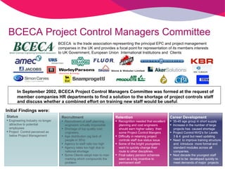BCECA Project Control Managers Committee Status Engineering Industry no longer    attractive to potential    employees  Project  Control perceived as    below Project Management  In September 2002, BCECA Project Control Managers Committee was formed at the request of member companies HR departments to find a solution to the shortage of project controls staff and discuss whether a combined effort on training new staff would be useful . Initial Findings were:  Retention Recognition needed that excellent    planning and cost engineers    should earn higher salary  then    some Project Control Mangers  Difficulty in retaining project    controls staff due status issue Some of the bright youngsters    want to quickly change their    route to other disciplines. Final salary pension schemes    seen as a big incentive to    permanent staff Recruitment Recruitment of staff planning    engineers virtually impossible  Shortage of top quality cost    cngineers.  Age distribution (eg lack of    people in 30's) Agency to staff ratio too high  Agency rates too high due to    national shortage Some Clients adopt man to man    marking which compounds the    problem  Career Development 35-45 age group in short supply Increase in the number of large   projects has  caused shortage Project Control NVQ’s for Levels    3 & 4  good but need updating Need  to improve training structure    and  introduce  more formal and    standard modules across all    companies. Next decade the youngest staff    need to be  developed quickly to    meet demands of major  projects BCECA  is the trade association representing the principal EPC and project management  companies in the UK and provides a focal point for representation of its members interests  to UK Government, European Union  International Institutions and  Clients 