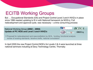 ECITB Working Groups Proposal for redevelopment and reaccreditation by QCA,  funding, functional analysis   review of existing standards, iterative drafts, national consultation  National Working Group  (2002 – 2004)  Update of PC NOS and Level 3 and 4 NVQ’s   OSC Eng Pro V oc In April 2005 the new Project Control NOS’s for Levels 3 & 4 were launched at three national seminars including at Davy Technology Centre, Thornaby  But … Occupational Standards (OS) and Project Control Level 3 and 4 NVQ’s in place since 1996 needed updating to fit in with National framework (ie NOS’s). Full redevelopment and approval cycle, was necessary – a time consuming process 