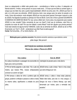 (levar os catequizando a refletir este grande amor – convidando-os a fechar os olhos. A catequista vai
falando baixinho - Irmãos, vamos pensar um pouco neste amor... O Corpo que era Dele eu comerei agora, o
sangue que era Dele meu será, quanta responsabilidade! JESUS nos amou ate o fim, JESUS quis ficar no
pão e no vinho para nos alimentar. JESUS derramou todo o seu sangue para me salvar do pecado e da
morte. Como não exclamar: muito obrigado JESUS por nos amar tanto (pausa) Comungar é assumir a vida
de JESUS. Na Sagrada Eucaristia eu participo da Vida de DEUS. Como isto e lindo e grande! EUCARISTIA
E ESSENCIA DO AMOR DE DEUS! Por isso vamos refletir bem: Como estou me preparando para receber
JESUS no meu coração? Estou consciente do que vou fazer?) Você que já confessou, esta firme no
propósito de mudar de vida? Por que tem faltado a santa Missa? Você tem alguém que precisa perdoar?
Você esta furtando de alguma forma? AMADOS, vocês vão se alimentar de DEUS. JESUS se dá no PAO.
Encerrando: Ler 1Cor11, 23-29 - (entenderam que São Paulo te alerta agora)?
Cantar: Na Comunhão....37 ou Venho Senhor... 45
Motivação para o próximo encontro: No próximo encontro veremos a que extremo o amor
pôde chegar. Não percam!
INSTITUIÇÃO DA SAGRADA EUCARISTIA
Páscoa dos Judeus x Páscoa de JESUS

Ceia Judaica

Ceia de JESUS

Os Judeus recordavam a passagem da escravidão do Libertação do pecado para a vida eterna
Egito para a terra prometida.
O PAI de família pegando o pão dizia: ―Eis o pão da JESUS tomou o pão e disse: ‖Isto é o meu corpo
miséria, que nossos PAIs, nossos antepassados que será entregue por vós‘.
comeram ao saírem do Egito‖.
O PAI tomava o cálice de vinho e proferia ação de JESUS tomou o cálice e disse estas palavras
graças, posterior a refeição e passava o cálice a todos ‖Bebei dele todos, pois isto é o meu sangue, o
no mesmo cálice, significando a unidade do povo Sangue da nova e Eterna Aliança, que será
judeu.

derramado por muitos, para a remissão dos
pecados‖.

252

 