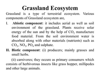 Grassland Ecosystem
Grassland is a type of terrestrial ecosystem. Various
components of Grassland ecosystem are,
I. Abiotic component: it includes aerial as well as soil
environment of the grassland. Plants receive solar
energy of the sun and by the help of CO2 manufacture
food material. From the soil environment water is
absorbed along with other materials (nutrients) such as
CO3, NO3, PO4 and sulphate.
II. Biotic component: (i) producers; mainly grasses and
small herbs.
(ii) carnivores; they occure as primary consumers which
consists of herbivorous insects like grass hopper, millipedes
and other large animals.
 