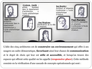 L’idée des cinq architectes est de construire un environnement qui offre à ses
usagers un cadre démocratique, favorisant ainsi leur chance de communication
et le degré de choix qui leur est utile et accessible, et lorsqu’on trouve des
espaces qui offrent cette qualité on les appelle (responsive place). Cette méthode
consiste en la vérification d’une cascade de concepts opérationnels qui sont :
 