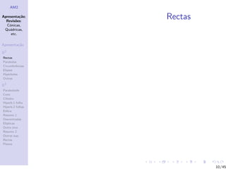 AM2

Apresenta¸˜o;
          ca
  Revis˜es:
        o
                  Rectas
  C´nicas,
    o
 Qu´dricas,
    a
     etc.

Apresenta¸˜o
         ca

R2
Rectas
Parabolas
Circunferˆncias
         e
Elipses
Hip´rboles
    e
Outras

R3
Paraboloide
Cone
Cilindro
Hiperb.1 folha
Hiperb.2 folhas
Esfera
Resumo 1
Descentradas
El´
  ıpticas
Outro eixo
Resumo 2
Outras sup.
Rectas
Planos




                           10/45
 