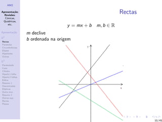 AM2

Apresenta¸˜o;
          ca
  Revis˜es:
        o
                                                            Rectas
  C´nicas,
    o
 Qu´dricas,
    a
     etc.
                                    y = mx + b   m, b ∈ R
Apresenta¸˜o
         ca       m declive
R2
Rectas
                  b ordenada na origem
Parabolas
Circunferˆncias
         e
Elipses
Hip´rboles
    e
Outras

R3
Paraboloide
Cone
Cilindro
Hiperb.1 folha
Hiperb.2 folhas
Esfera
Resumo 1
Descentradas
El´
  ıpticas
Outro eixo
Resumo 2
Outras sup.
Rectas
Planos




                                                                     10/45
 