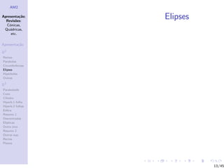 AM2

Apresenta¸˜o;
          ca
  Revis˜es:
        o
                  Elipses
  C´nicas,
    o
 Qu´dricas,
    a
     etc.

Apresenta¸˜o
         ca

R2
Rectas
Parabolas
Circunferˆncias
         e
Elipses
Hip´rboles
    e
Outras

R3
Paraboloide
Cone
Cilindro
Hiperb.1 folha
Hiperb.2 folhas
Esfera
Resumo 1
Descentradas
El´
  ıpticas
Outro eixo
Resumo 2
Outras sup.
Rectas
Planos




                            13/45
 