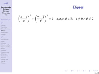 AM2

Apresenta¸˜o;
          ca
  Revis˜es:
        o
                                                                 Elipses
  C´nicas,
    o
 Qu´dricas,
    a
     etc.                2              2
                  x −a           y −b
Apresenta¸˜o
         ca                  +              = 1 a, b, c, d ∈ R    c =0∧d =0
                    c              d
R2
Rectas
Parabolas
Circunferˆncias
         e
Elipses
Hip´rboles
    e
Outras

R3
Paraboloide
Cone
Cilindro
Hiperb.1 folha
Hiperb.2 folhas
Esfera
Resumo 1
Descentradas
El´
  ıpticas
Outro eixo
Resumo 2
Outras sup.
Rectas
Planos




                                                                              13/45
 