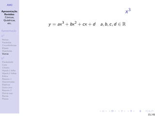 AM2

Apresenta¸˜o;
          ca
  Revis˜es:
        o
                                                          x3
  C´nicas,
    o
 Qu´dricas,
    a
     etc.
                  y = ax 3 + bx 2 + cx + d   a, b, c, d ∈ R
Apresenta¸˜o
         ca

R2
Rectas
Parabolas
Circunferˆncias
         e
Elipses
Hip´rboles
    e
Outras

R3
Paraboloide
Cone
Cilindro
Hiperb.1 folha
Hiperb.2 folhas
Esfera
Resumo 1
Descentradas
El´
  ıpticas
Outro eixo
Resumo 2
Outras sup.
Rectas
Planos




                                                               15/45
 