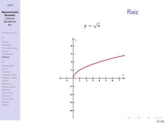 AM2

Apresenta¸˜o;
          ca
  Revis˜es:
        o
                               Raiz
  C´nicas,
    o
 Qu´dricas,
    a                  √
     etc.
                  y=       x
Apresenta¸˜o
         ca

R2
Rectas
Parabolas
Circunferˆncias
         e
Elipses
Hip´rboles
    e
Outras

R3
Paraboloide
Cone
Cilindro
Hiperb.1 folha
Hiperb.2 folhas
Esfera
Resumo 1
Descentradas
El´
  ıpticas
Outro eixo
Resumo 2
Outras sup.
Rectas
Planos




                                      17/45
 