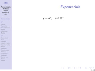AM2

Apresenta¸˜o;
          ca
  Revis˜es:
        o
                                Exponenciais
  C´nicas,
    o
 Qu´dricas,
    a
     etc.

Apresenta¸˜o
         ca       y = ax ,   a ∈ R+
R2
Rectas
Parabolas
Circunferˆncias
         e
Elipses
Hip´rboles
    e
Outras

R3
Paraboloide
Cone
Cilindro
Hiperb.1 folha
Hiperb.2 folhas
Esfera
Resumo 1
Descentradas
El´
  ıpticas
Outro eixo
Resumo 2
Outras sup.
Rectas
Planos




                                               19/45
 