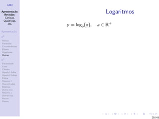 AM2

Apresenta¸˜o;
          ca
  Revis˜es:
        o
                                     Logaritmos
  C´nicas,
    o
 Qu´dricas,
    a
     etc.
                  y = loga (x),   a ∈ R+
Apresenta¸˜o
         ca

R2
Rectas
Parabolas
Circunferˆncias
         e
Elipses
Hip´rboles
    e
Outras

R3
Paraboloide
Cone
Cilindro
Hiperb.1 folha
Hiperb.2 folhas
Esfera
Resumo 1
Descentradas
El´
  ıpticas
Outro eixo
Resumo 2
Outras sup.
Rectas
Planos




                                                  20/45
 
