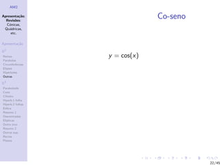 AM2

Apresenta¸˜o;
          ca
  Revis˜es:
        o
                               Co-seno
  C´nicas,
    o
 Qu´dricas,
    a
     etc.

Apresenta¸˜o
         ca

R2
Rectas            y = cos(x)
Parabolas
Circunferˆncias
         e
Elipses
Hip´rboles
    e
Outras

R3
Paraboloide
Cone
Cilindro
Hiperb.1 folha
Hiperb.2 folhas
Esfera
Resumo 1
Descentradas
El´
  ıpticas
Outro eixo
Resumo 2
Outras sup.
Rectas
Planos




                                         22/45
 