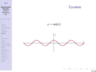 AM2

Apresenta¸˜o;
          ca
  Revis˜es:
        o
                               Co-seno
  C´nicas,
    o
 Qu´dricas,
    a
     etc.

Apresenta¸˜o
         ca

R2
Rectas            y = cos(x)
Parabolas
Circunferˆncias
         e
Elipses
Hip´rboles
    e
Outras

R3
Paraboloide
Cone
Cilindro
Hiperb.1 folha
Hiperb.2 folhas
Esfera
Resumo 1
Descentradas
El´
  ıpticas
Outro eixo
Resumo 2
Outras sup.
Rectas
Planos




                                         22/45
 