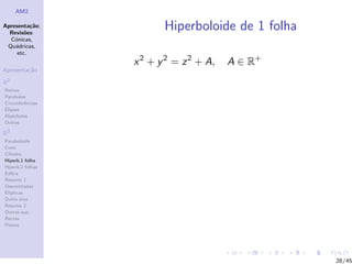 AM2

Apresenta¸˜o;
          ca
  Revis˜es:
        o
                         Hiperboloide de 1 folha
  C´nicas,
    o
 Qu´dricas,
    a
     etc.
                  x 2 + y 2 = z 2 + A,   A ∈ R+
Apresenta¸˜o
         ca

R2
Rectas
Parabolas
Circunferˆncias
         e
Elipses
Hip´rboles
    e
Outras

R3
Paraboloide
Cone
Cilindro
Hiperb.1 folha
Hiperb.2 folhas
Esfera
Resumo 1
Descentradas
El´
  ıpticas
Outro eixo
Resumo 2
Outras sup.
Rectas
Planos




                                                   28/45
 