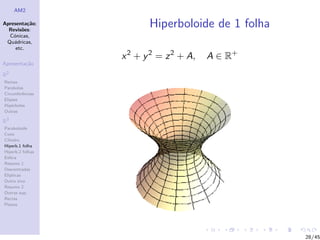AM2

Apresenta¸˜o;
          ca
  Revis˜es:
        o
                         Hiperboloide de 1 folha
  C´nicas,
    o
 Qu´dricas,
    a
     etc.
                  x 2 + y 2 = z 2 + A,   A ∈ R+
Apresenta¸˜o
         ca

R2
Rectas
Parabolas
Circunferˆncias
         e
Elipses
Hip´rboles
    e
Outras

R3
Paraboloide
Cone
Cilindro
Hiperb.1 folha
Hiperb.2 folhas
Esfera
Resumo 1
Descentradas
El´
  ıpticas
Outro eixo
Resumo 2
Outras sup.
Rectas
Planos




                                                   28/45
 