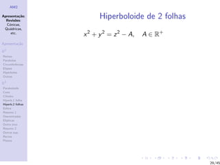 AM2

Apresenta¸˜o;
          ca
  Revis˜es:
        o
                        Hiperboloide de 2 folhas
  C´nicas,
    o
 Qu´dricas,
    a
     etc.
                  x 2 + y 2 = z 2 − A,   A ∈ R+
Apresenta¸˜o
         ca

R2
Rectas
Parabolas
Circunferˆncias
         e
Elipses
Hip´rboles
    e
Outras

R3
Paraboloide
Cone
Cilindro
Hiperb.1 folha
Hiperb.2 folhas
Esfera
Resumo 1
Descentradas
El´
  ıpticas
Outro eixo
Resumo 2
Outras sup.
Rectas
Planos




                                                   29/45
 