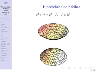 AM2

Apresenta¸˜o;
          ca
  Revis˜es:
        o
                        Hiperboloide de 2 folhas
  C´nicas,
    o
 Qu´dricas,
    a
     etc.
                  x 2 + y 2 = z 2 − A,   A ∈ R+
Apresenta¸˜o
         ca

R2
Rectas
Parabolas
Circunferˆncias
         e
Elipses
Hip´rboles
    e
Outras

R3
Paraboloide
Cone
Cilindro
Hiperb.1 folha
Hiperb.2 folhas
Esfera
Resumo 1
Descentradas
El´
  ıpticas
Outro eixo
Resumo 2
Outras sup.
Rectas
Planos




                                                   29/45
 