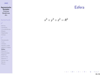 AM2

Apresenta¸˜o;
          ca
  Revis˜es:
        o
                                       Esfera
  C´nicas,
    o
 Qu´dricas,
    a
     etc.

Apresenta¸˜o
         ca       x2 + y 2 + z2 = R2
R2
Rectas
Parabolas
Circunferˆncias
         e
Elipses
Hip´rboles
    e
Outras

R3
Paraboloide
Cone
Cilindro
Hiperb.1 folha
Hiperb.2 folhas
Esfera
Resumo 1
Descentradas
El´
  ıpticas
Outro eixo
Resumo 2
Outras sup.
Rectas
Planos




                                                30/45
 