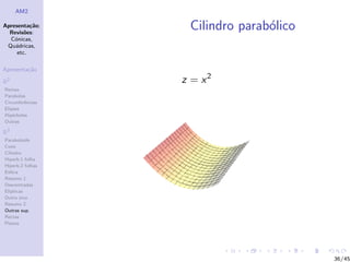 AM2

Apresenta¸˜o;
          ca
  Revis˜es:
        o
                   Cilindro parab´lico
                                 o
  C´nicas,
    o
 Qu´dricas,
    a
     etc.

Apresenta¸˜o
         ca

R2                z = x2
Rectas
Parabolas
Circunferˆncias
         e
Elipses
Hip´rboles
    e
Outras

R3
Paraboloide
Cone
Cilindro
Hiperb.1 folha
Hiperb.2 folhas
Esfera
Resumo 1
Descentradas
El´
  ıpticas
Outro eixo
Resumo 2
Outras sup.
Rectas
Planos




                                         36/45
 