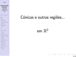 AM2

Apresenta¸˜o;
          ca
  Revis˜es:
        o
  C´nicas,
    o
 Qu´dricas,
    a
     etc.

Apresenta¸˜o
         ca

R2
Rectas
                  C´nicas e outras regi˜es...
                   o                   o
Parabolas
Circunferˆncias
         e
Elipses
Hip´rboles
    e
Outras

R3
Paraboloide
Cone
Cilindro
                            em R2
Hiperb.1 folha
Hiperb.2 folhas
Esfera
Resumo 1
Descentradas
El´
  ıpticas
Outro eixo
Resumo 2
Outras sup.
Rectas
Planos




                                                8/45
 