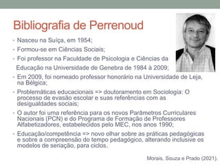Bibliografia de Perrenoud
• Nasceu na Suíça, em 1954;
• Formou-se em Ciências Sociais;
• Foi professor na Faculdade de Psicologia e Ciências da
Educação na Universidade de Genebra de 1984 à 2009;
• Em 2009, foi nomeado professor honorário na Universidade de Leja,
na Bélgica;
• Problemáticas educacionais => doutoramento em Sociologia: O
processo de evasão escolar e suas referências com as
desigualdades sociais;
• O autor foi uma referência para os novos Parâmetros Curriculares
Nacionais (PCN) e do Programa de Formação de Professores
Alfabetizadores, estabelecidos pelo MEC, nos anos 1990;
• Educação/competência => novo olhar sobre as práticas pedagógicas
e sobre a compreensão do tempo pedagógico, alterando inclusive os
modelos de seriação, para ciclos.
Morais, Souza e Prado (2021).
 