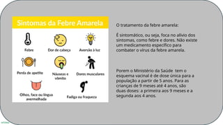 INTERNA
O tratamento da febre amarela:
É sintomático, ou seja, foca no alívio dos
sintomas, como febre e dores. Não existe
um medicamento específico para
combater o vírus da febre amarela.
Porem o Ministério da Saúde tem o
esquema vacinal é de dose única para a
população a partir de 5 anos. Para as
crianças de 9 meses até 4 anos, são
duas doses: a primeira aos 9 meses e a
segunda aos 4 anos.
 