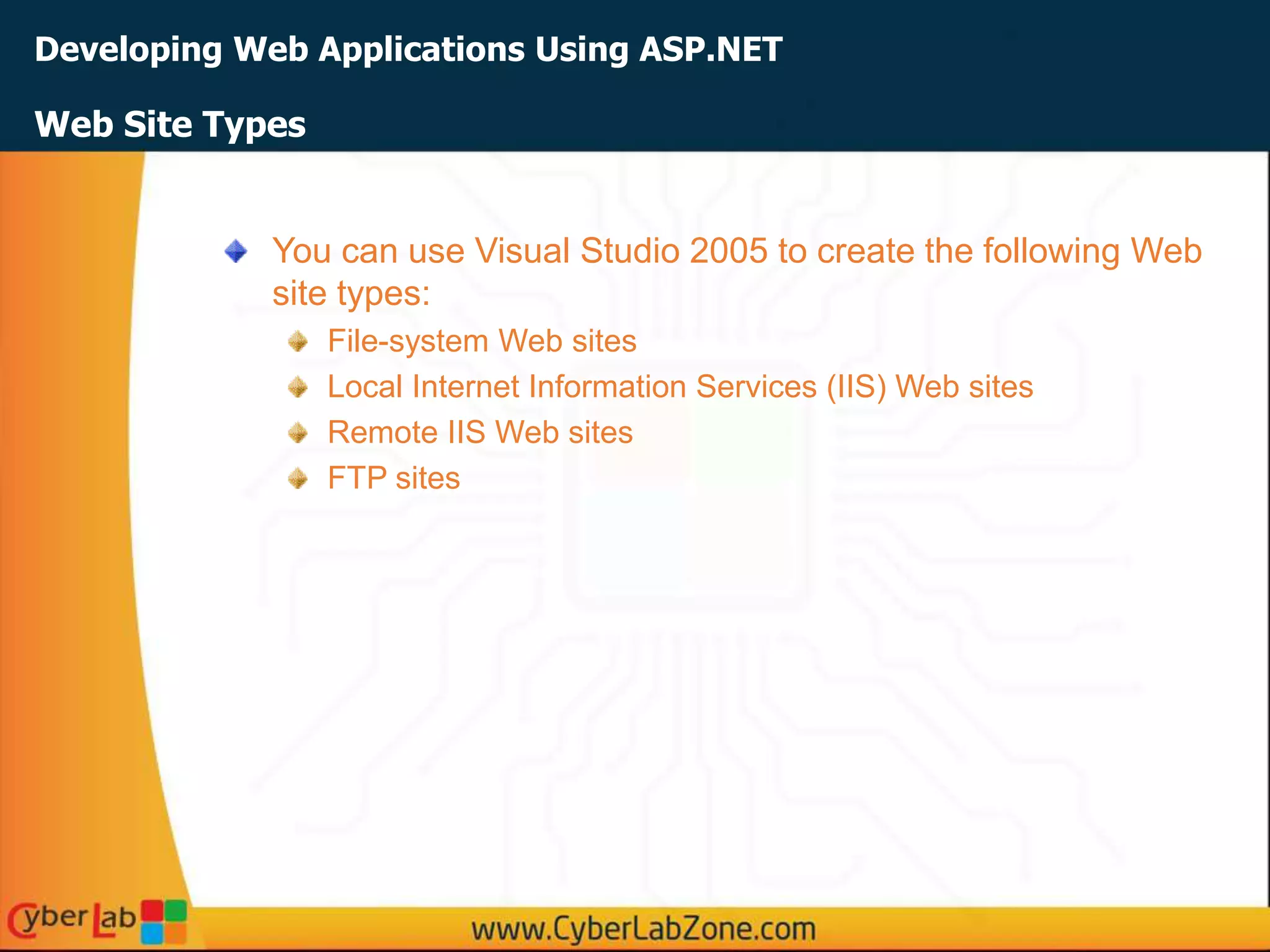Developing Web Applications Using ASP.NET
Web Site Types
You can use Visual Studio 2005 to create the following Web
site types:
File-system Web sites
Local Internet Information Services (IIS) Web sites
Remote IIS Web sites
FTP sites
 