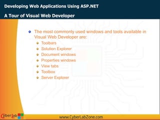Developing Web Applications Using ASP.NET
The most commonly used windows and tools available in
Visual Web Developer are:
Toolbars
Solution Explorer
Document windows
Properties windows
View tabs
Toolbox
Server Explorer
A Tour of Visual Web Developer
 