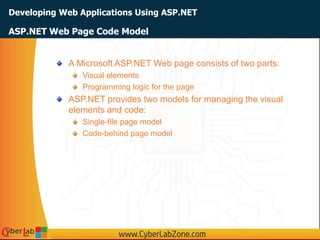 Developing Web Applications Using ASP.NET
A Microsoft ASP.NET Web page consists of two parts:
Visual elements
Programming logic for the page
ASP.NET provides two models for managing the visual
elements and code:
Single-file page model
Code-behind page model
ASP.NET Web Page Code Model
 