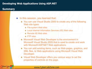 Developing Web Applications Using ASP.NET
In this session, you learned that:
You can use Visual Studio 2005 to create any of the following
Web site types:
File-system Web sites
Local Internet Information Services (IIS) Web sites
Remote IIS Web sites
FTP sites
Microsoft Visual Web Developer is the environment in
Microsoft Visual Studio 2005 that is used to create and work
with Microsoft ASP.NET Web applications.
You can add existing items, such as Web pages, graphics, and
XML files, to Web applications using Microsoft Visual Web
Developer.
Visual Web Developer offers you various ways to set the
properties of controls on the page.
Summary
 