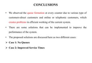 CONCLUSIONS
• We observed the queue formation at every counter due to various type of
customers-direct customers and online or telephonic customers, which
creates problems in efficient working of the current system.
• There are some solutions that can be implemented to improve the
performance of the system.
• The proposed solutions are discussed here as two different cases:
 Case 1: No Queues
 Case 2: Improved Service Times
 