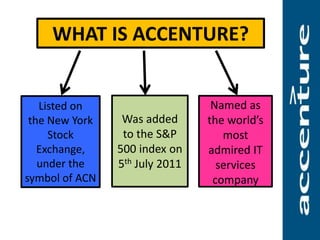 Named as
the world’s
most
admired IT
services
company
WHAT IS ACCENTURE?
Listed on
the New York
Stock
Exchange,
under the
symbol of ACN
Was added
to the S&P
500 index on
5th July 2011
 