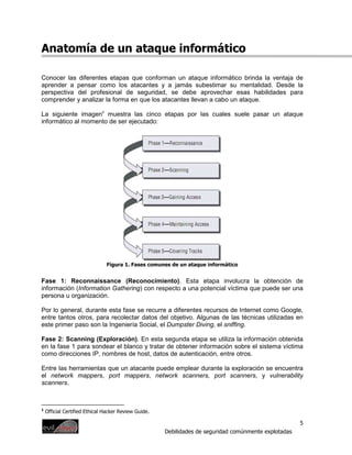 Anatomía de un ataque informático

Conocer las diferentes etapas que conforman un ataque informático brinda la ventaja de
aprender a pensar como los atacantes y a jamás subestimar su mentalidad. Desde la
perspectiva del profesional de seguridad, se debe aprovechar esas habilidades para
comprender y analizar la forma en que los atacantes llevan a cabo un ataque.

La siguiente imagen1 muestra las cinco etapas por las cuales suele pasar un ataque
informático al momento de ser ejecutado:




                               Figura 1. Fases comunes de un ataque informático


Fase 1: Reconnaissance (Reconocimiento). Esta etapa involucra la obtención de
información (Information Gathering) con respecto a una potencial víctima que puede ser una
persona u organización.

Por lo general, durante esta fase se recurre a diferentes recursos de Internet como Google,
entre tantos otros, para recolectar datos del objetivo. Algunas de las técnicas utilizadas en
este primer paso son la Ingeniería Social, el Dumpster Diving, el sniffing.

Fase 2: Scanning (Exploración). En esta segunda etapa se utiliza la información obtenida
en la fase 1 para sondear el blanco y tratar de obtener información sobre el sistema víctima
como direcciones IP, nombres de host, datos de autenticación, entre otros.

Entre las herramientas que un atacante puede emplear durante la exploración se encuentra
el network mappers, port mappers, network scanners, port scanners, y vulnerability
scanners.



1
    Official Certified Ethical Hacker Review Guide.

                                                                                                       5
                                                      Debilidades de seguridad comúnmente explotadas
 