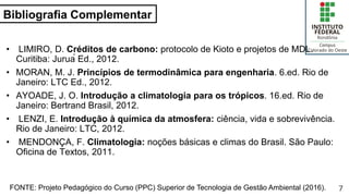 Bibliografia Complementar
7
• LIMIRO, D. Créditos de carbono: protocolo de Kioto e projetos de MDL.
Curitiba: Juruá Ed., 2012.
• MORAN, M. J. Princípios de termodinâmica para engenharia. 6.ed. Rio de
Janeiro: LTC Ed., 2012.
• AYOADE, J. O. Introdução a climatologia para os trópicos. 16.ed. Rio de
Janeiro: Bertrand Brasil, 2012.
• LENZI, E. Introdução à química da atmosfera: ciência, vida e sobrevivência.
Rio de Janeiro: LTC, 2012.
• MENDONÇA, F. Climatologia: noções básicas e climas do Brasil. São Paulo:
Oficina de Textos, 2011.
FONTE: Projeto Pedagógico do Curso (PPC) Superior de Tecnologia de Gestão Ambiental (2016).
 