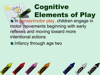 Cognitive
Elements of Play
In sensorimotor play, children engage in
motor movements beginning with early
reflexes and moving toward more
intentional actions
Infancy through age two
 