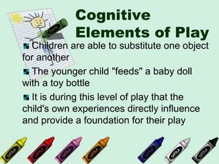 Cognitive
Elements of Play
Children are able to substitute one object
for another
The younger child "feeds" a baby doll
with a toy bottle
It is during this level of play that the
child's own experiences directly influence
and provide a foundation for their play
 